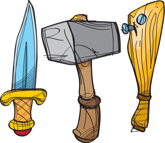 Dagger hammer and baseball bat cartoon drawing Vector Image