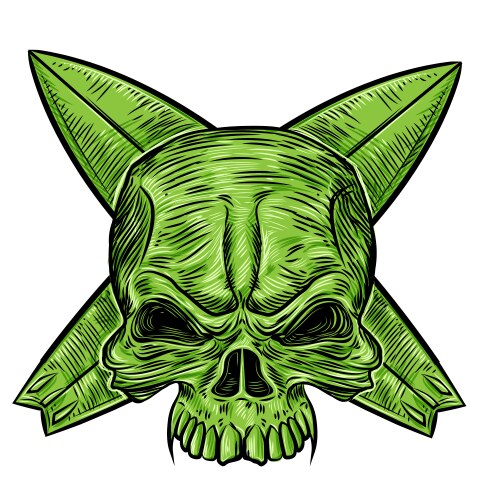 Green skull above surfboards isolated on white Vector Image