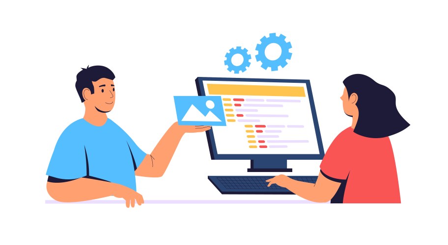 Two web developers are creating a mobile page vector image