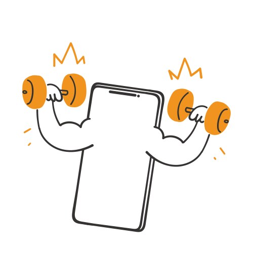 Hand drawn doodle mobile phone with dumbbell vector image