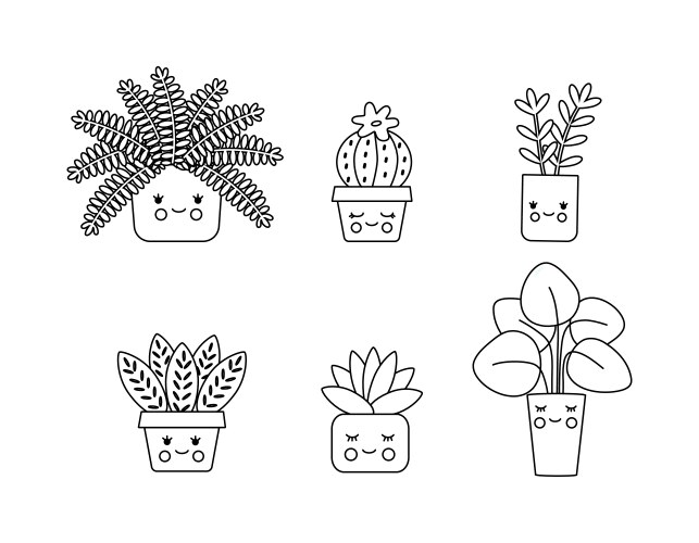 Kawaii Plant Pots Coloring Book Vector Image