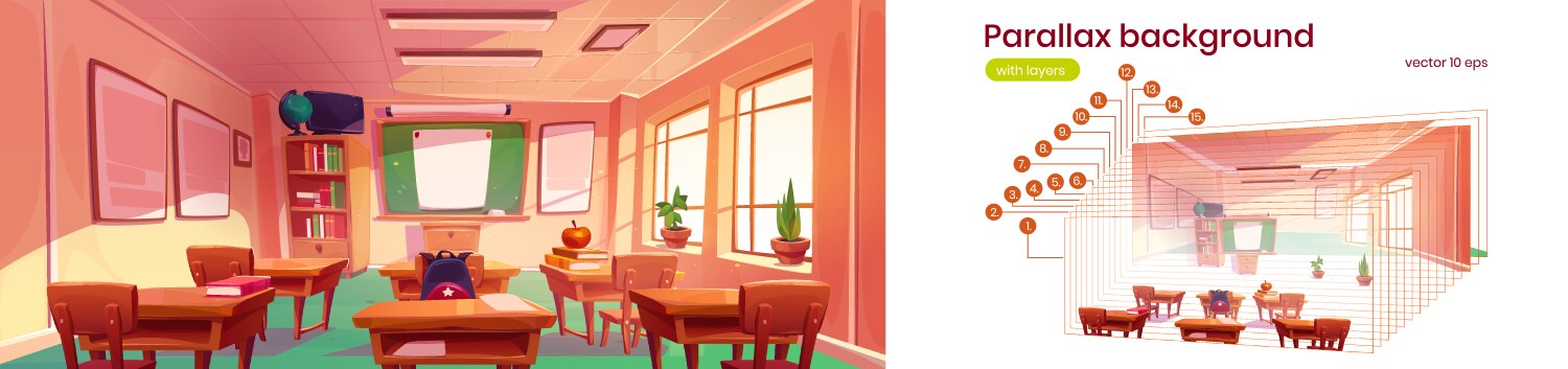 parallax background with school classroom interior vector