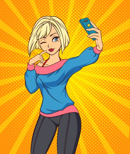 Sexy cartoon girl takes a selfie pop art style vector image