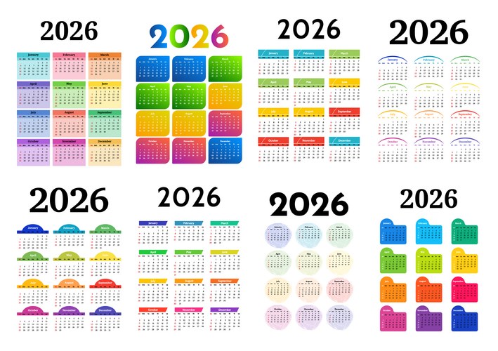 Three 2026 Calendars - White Background – Royalty-Free Vector | VectorStock