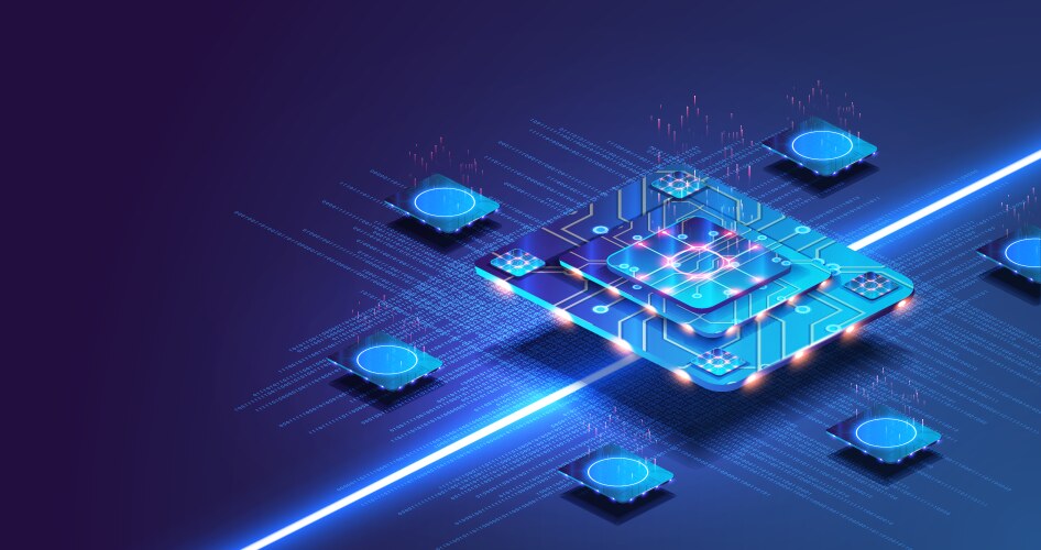 futuristic microchip processor with lights vector