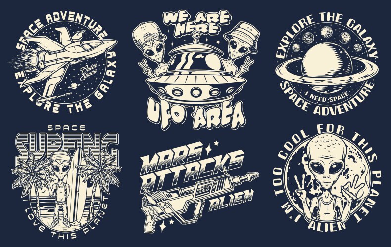 Aliens set emblems monochrome vintage vector image