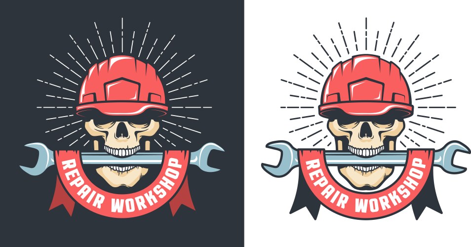 Repair workshop retro logo with skull in hardhat Vector Image