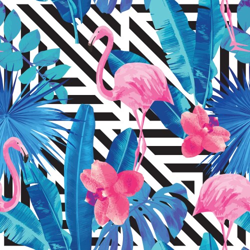 Tropical Pink Flamingos & Orchids Vector Image