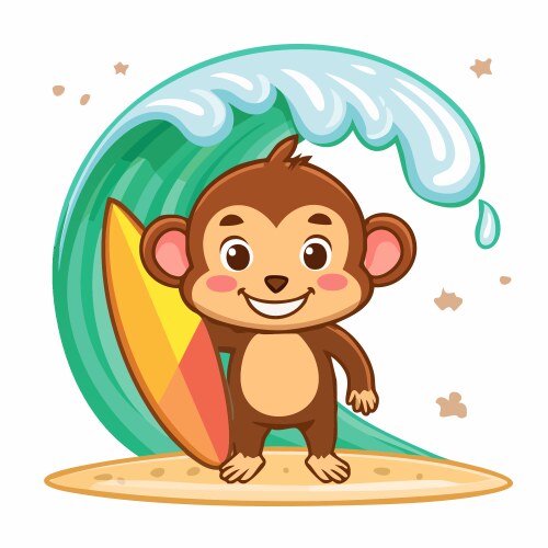 Cartoon monkey surfer with surfboard and wave Vector Image