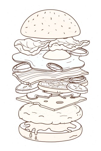 Layered Cheeseburger - Detailed Drawing Vector Image