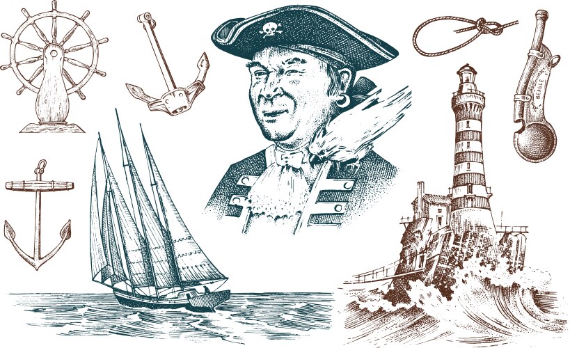 pirate and lighthouse sea captain marine vector