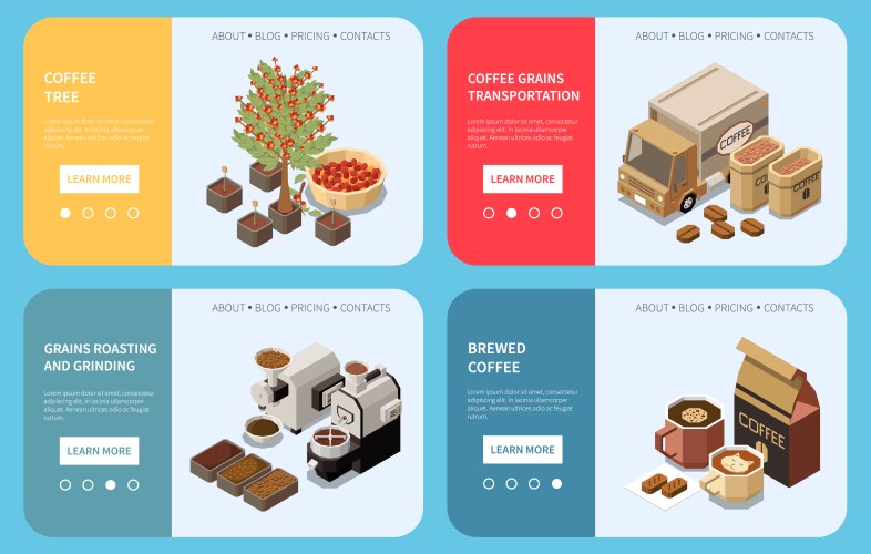 coffee production industry isometric landing pages vector