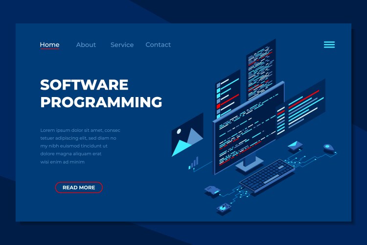 Software programming isometric landing page vector image