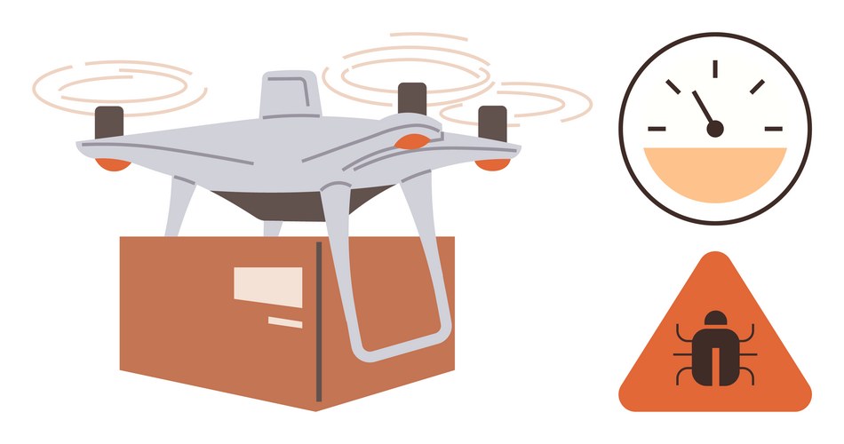 Quadcopter delivering package with bug alert Vector Image