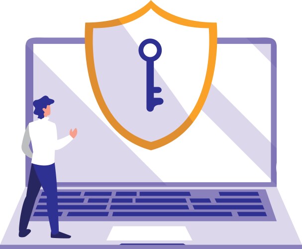 Man using laptop computer with shield vector image