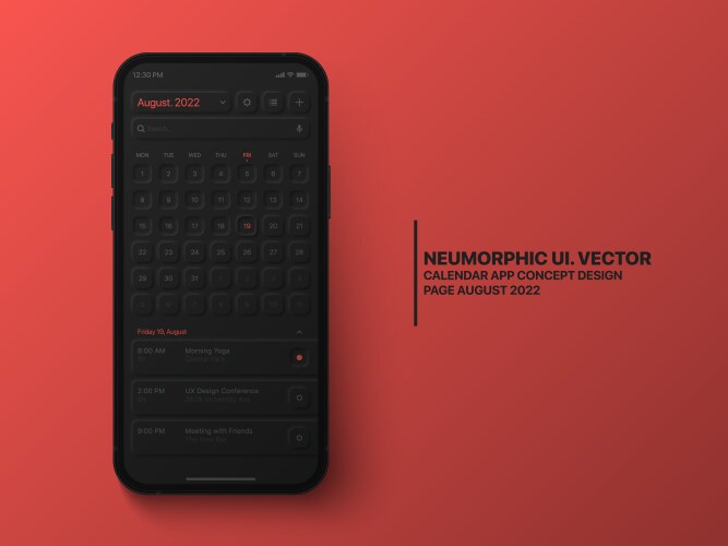 Calendar mobile app august 2022 ui ux neumorphic vector image