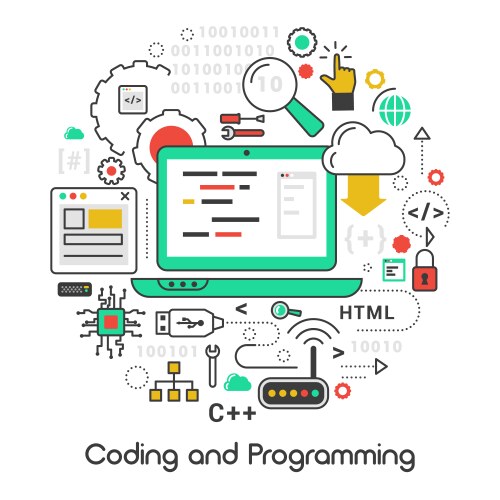 Coding and programming line art thin icons vector image