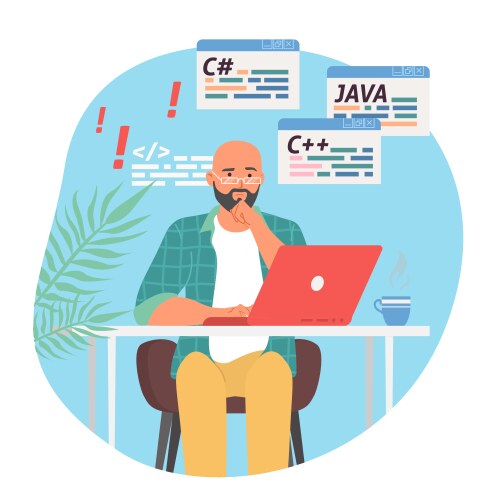 Man programmer work on computer laptop vector image