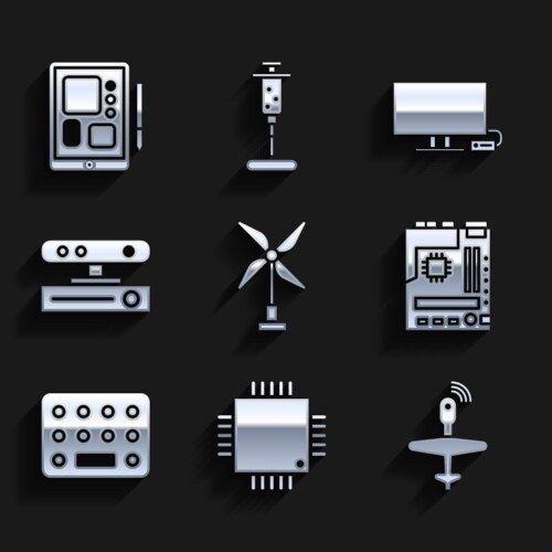 Set wind turbine processor with microcircuits cpu vector image