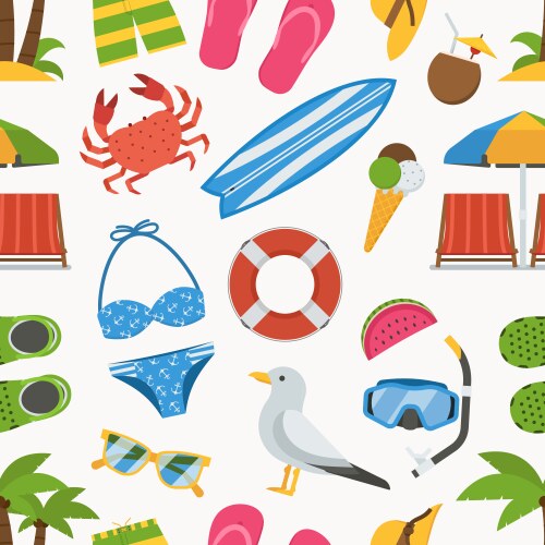 Summer beach icons flat seamless pattern Vector Image