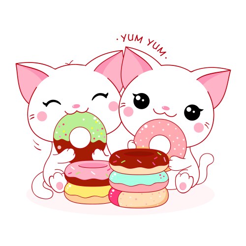 two cute white cats with donuts kawaii little vector image