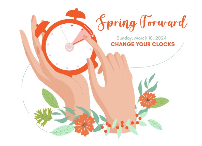 Spring forward 2024 banner alarm clock set Vector Image