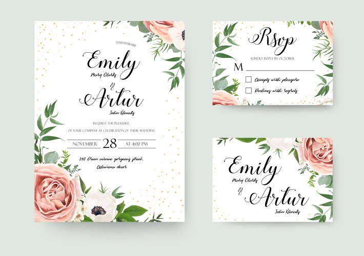 Floral Wedding Invitation - Pink & Green Vector Image