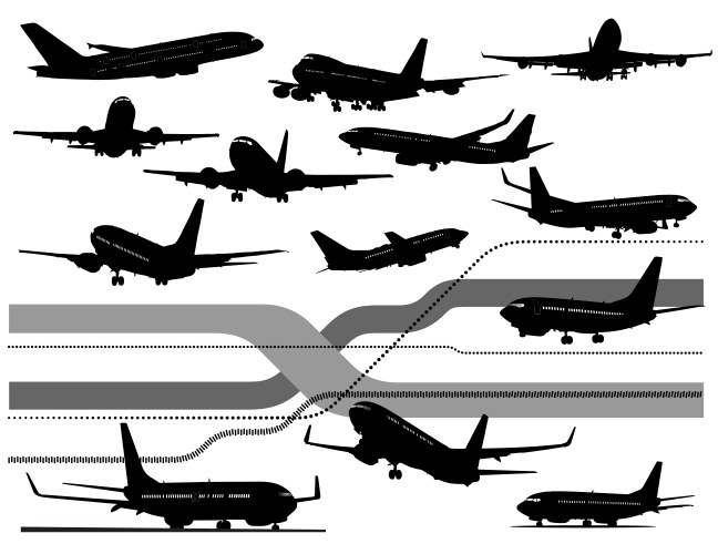 Airplane Silhouettes Against a Striped Sky Vector Image