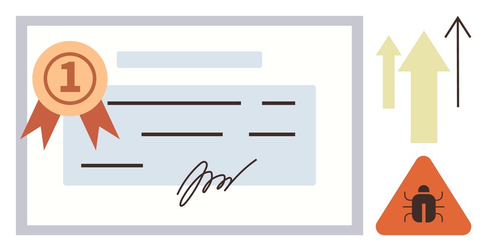 Certificate with ribbon growth arrows and bug Vector Image
