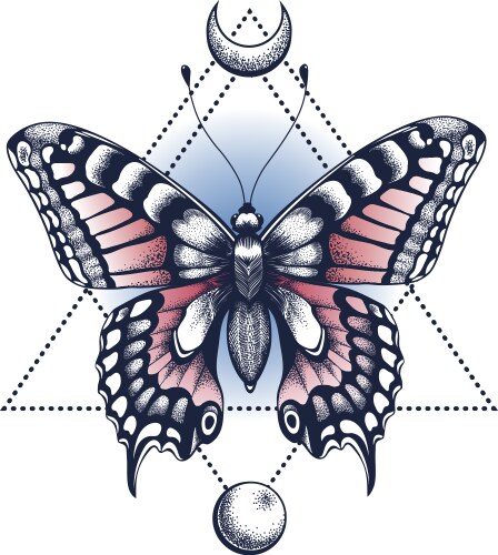 Black ink butterfly pyramid half moon tattoo Vector Image