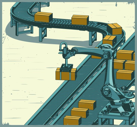 Robotic factory conveyor line retro poster vector image