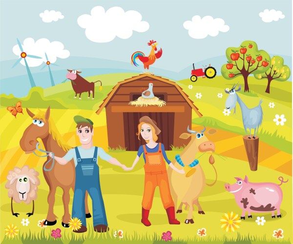 Farm background with happy animals Royalty Free Vector Image