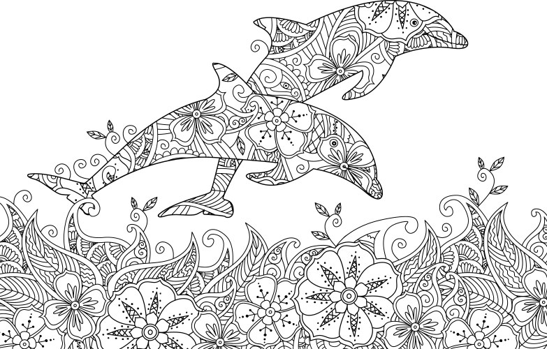 coloring page with pair of jumping dolphins vector