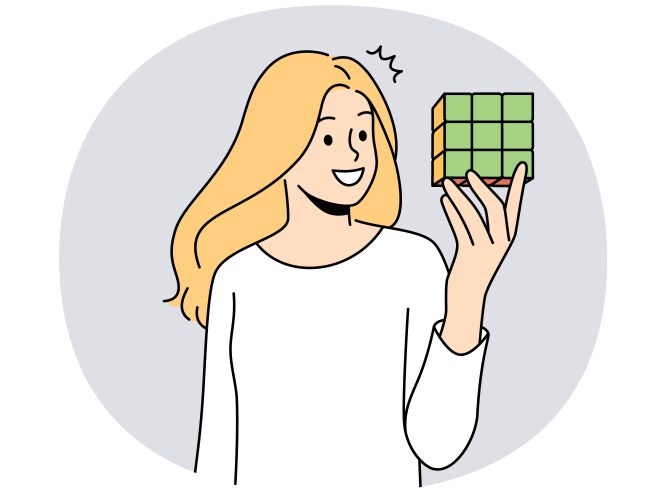 Smiling woman hold rubik cube vector image