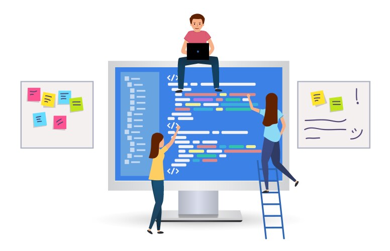 Team writes code programming for a game app vector image