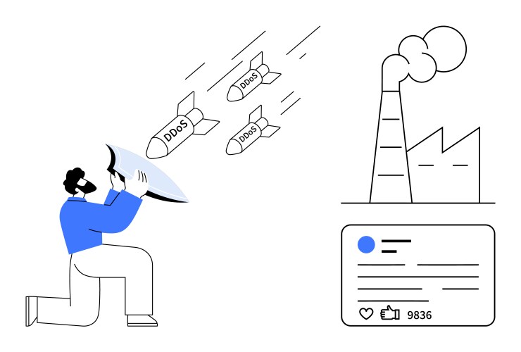 Man protecting factory from cyberattacks using vector image