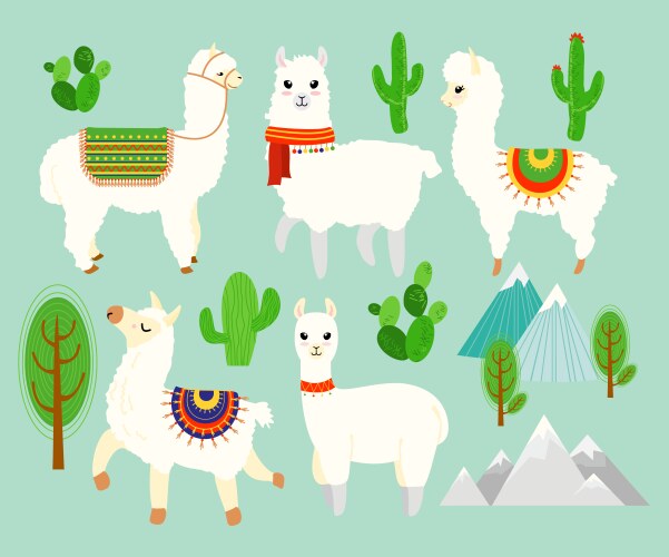 Adorable Alpaca and Cactus Cartoon Set Vector Image