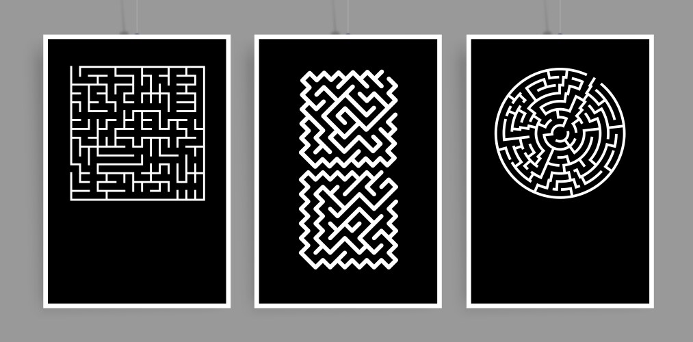 Set of posters with black and white maze vector image