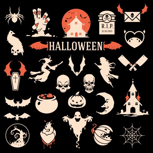 halloween silhouette objects and icons vector