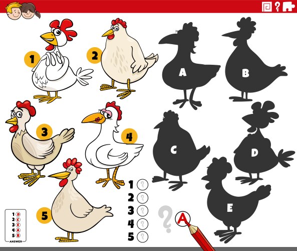 Finding shadows game with cartoon chickens vector image