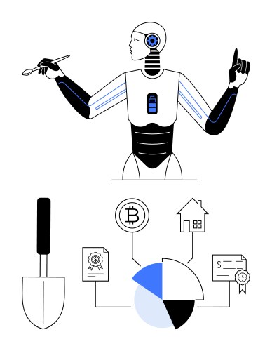 Ai-powered robot analyzing data flow with tools vector image