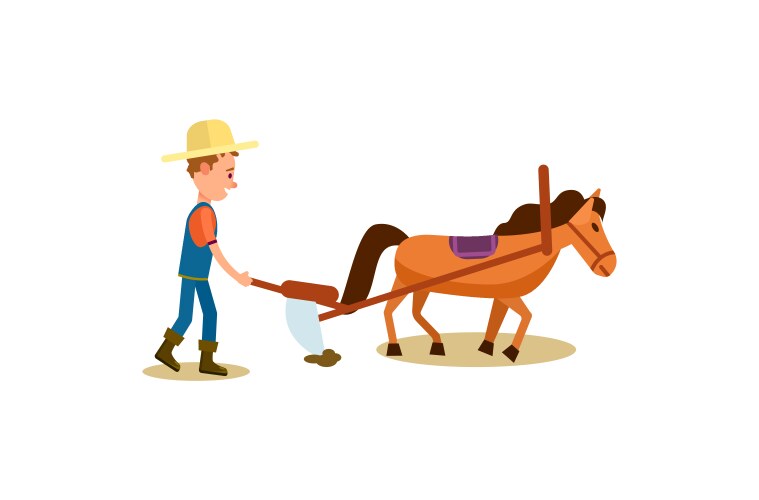 Farmer and Horse Plowing Field Vector Image