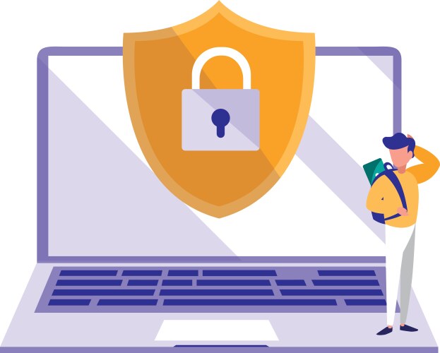 Man using laptop computer with shield vector image