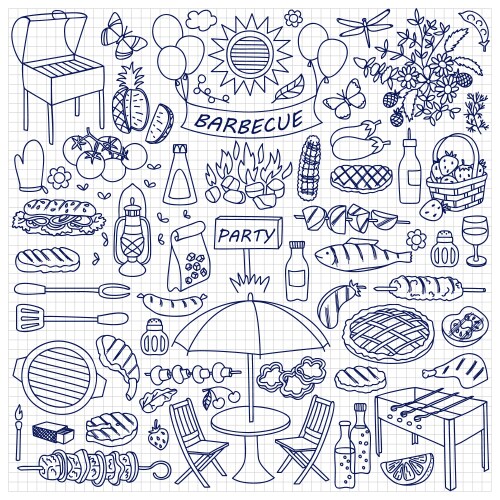 barbecue party doodle set vector