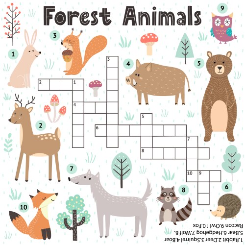 Crossword game for kids with cute forest animals vector image