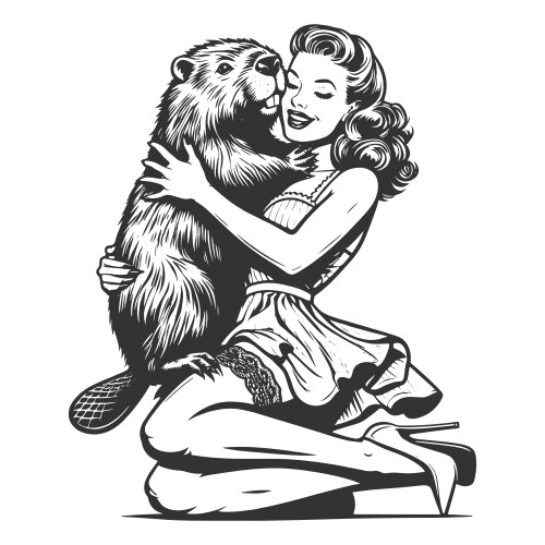 Retro Pin-Up Girl Hugs Beaver Vector Image