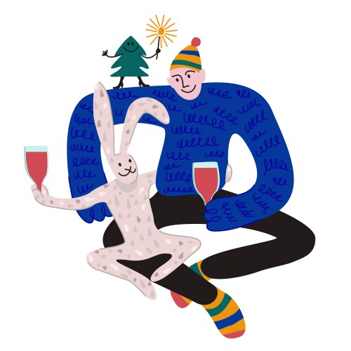 Man and rabbit hugging drinking wine fir tree vector image
