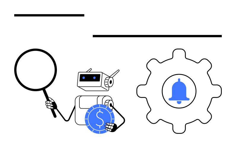 Robot analyzing financial data with magnifying vector image