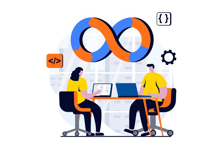 Devops concept with people scene in flat cartoon vector image