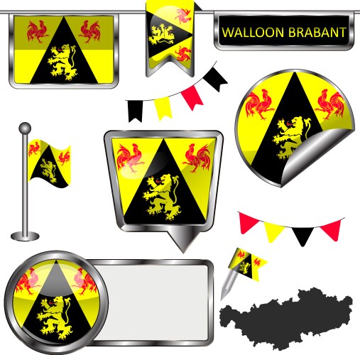 Glossy icons with flag of walloon brabant belgium vector image